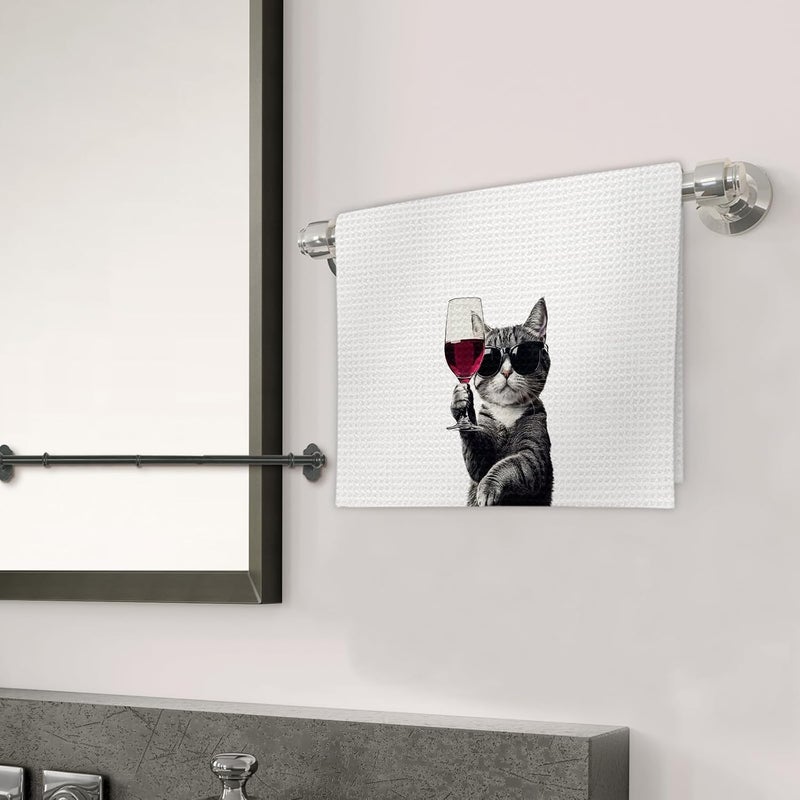 FIicy Funny Cat Kitchen Towels, Cat Bar Dish Towels, Gifts for CatWine Lovers Decorative Hand Towel Bar Towel for Kitchen Home Bar, CatKitchen Accessories, FunnyCat Wine Home Bars Decor(16x24lnch) - Image 3